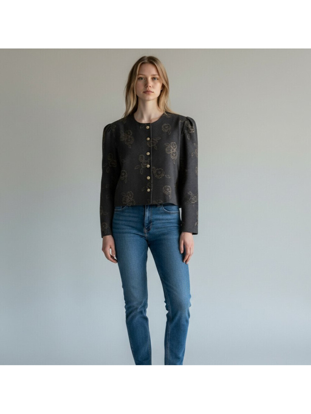 New Miss Dorhy Cropped Blazer Women 14 Black Floral Long Sleeve Rayon Career